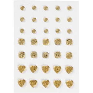 Rhinsten, guld, rund, firkant, hjerte, str. 6+8+10 mm, 35 stk./ 1 pk.