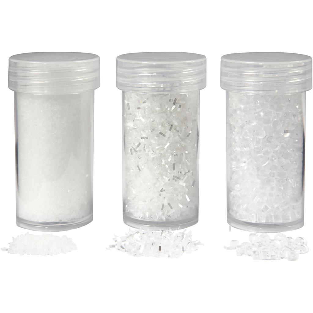 Kunstig sne, hvid glitter, 3 ds./ 1 pk., 35+35+8 g