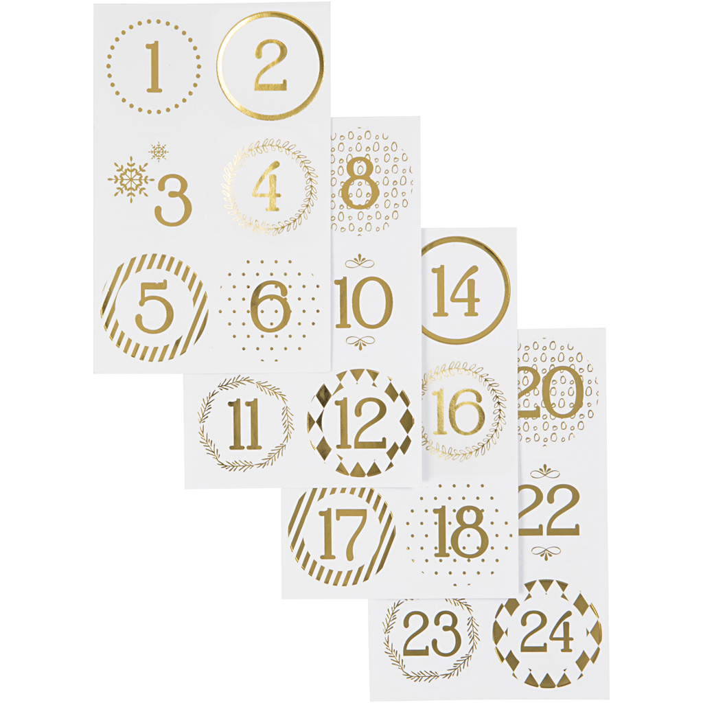 Kalendertal, guld, hvid, diam. 40 mm, 9x14 cm, 4 ark/ 1 pk.