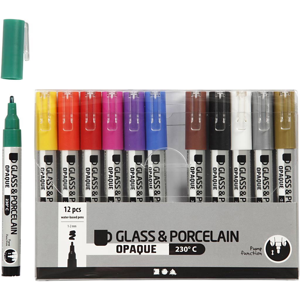 Glas- og porcelænstusch, ass. farver, streg 1-2 mm, halvdækkende, 12 stk./ 1 pk.