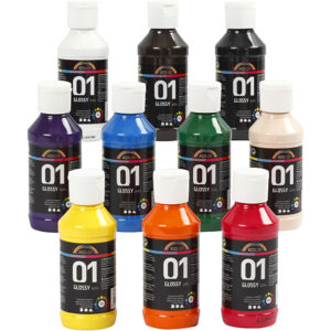 Skole akrylmaling blank, ass. farver, blank, 10x100 ml/ 1 pk.