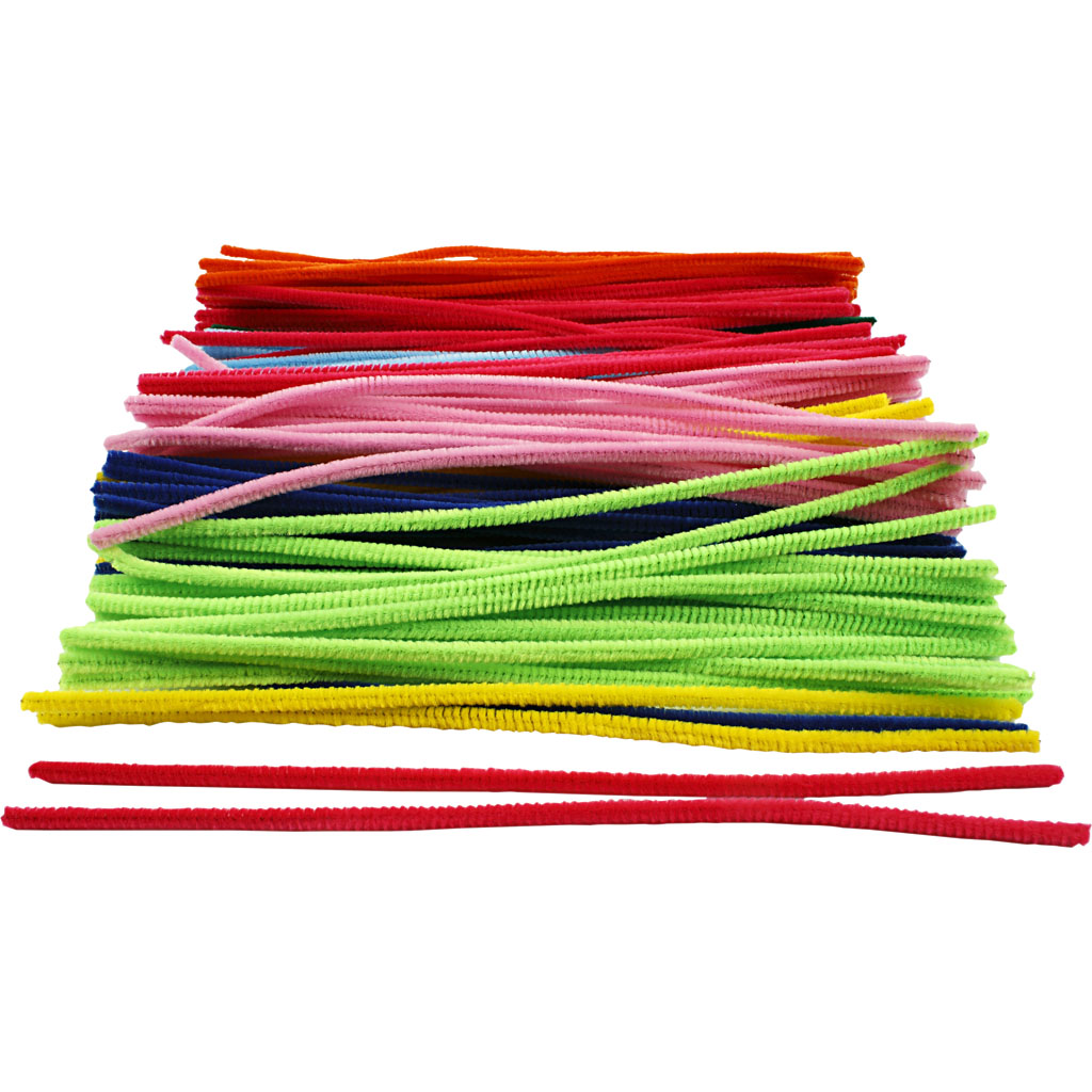 Chenille, ass. farver, L: 30 cm, tykkelse 6 mm, 200 ass./ 1 pk.
