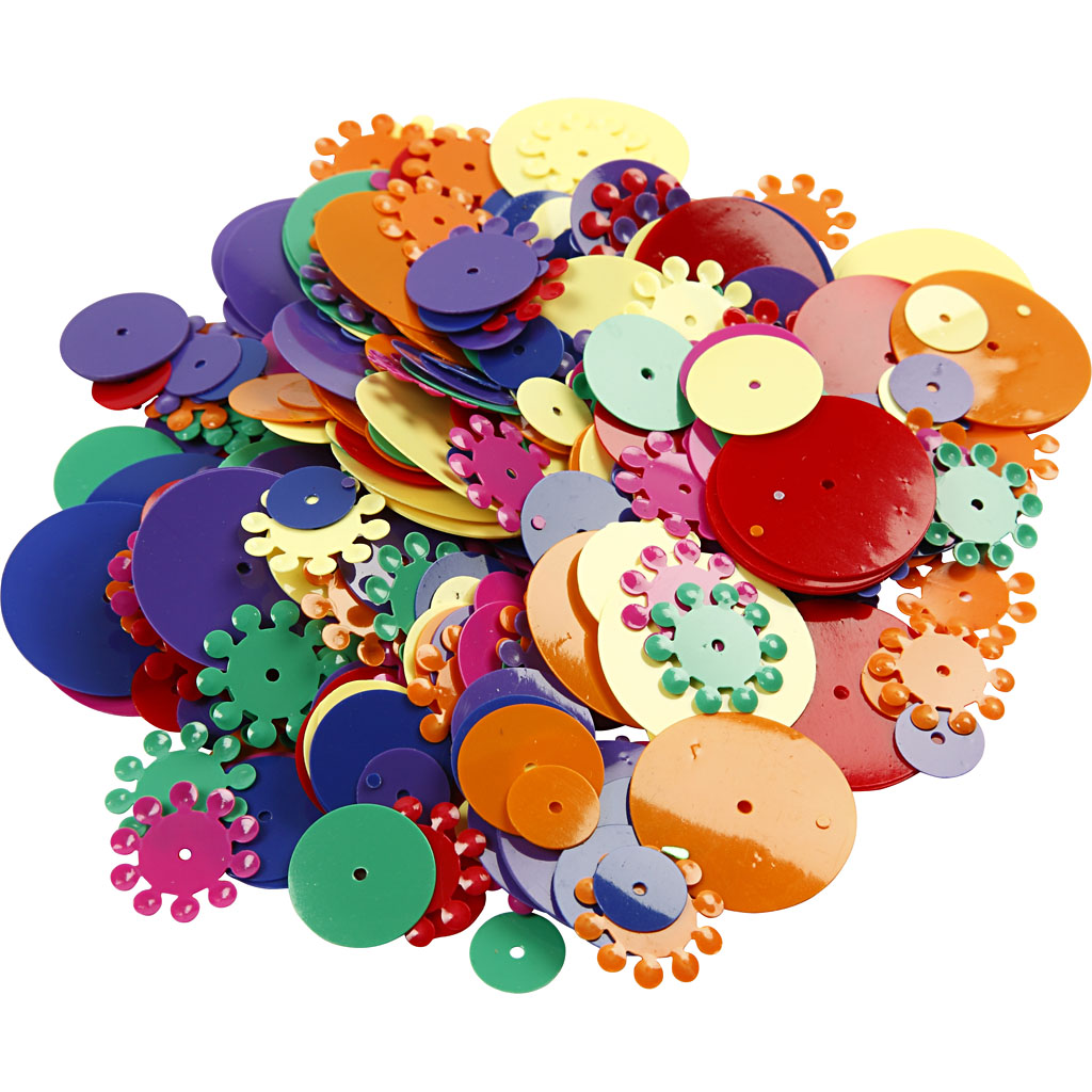 Pailletter, ass. farver, runde, str. 10-25 mm, 250 g/ 1 pk.