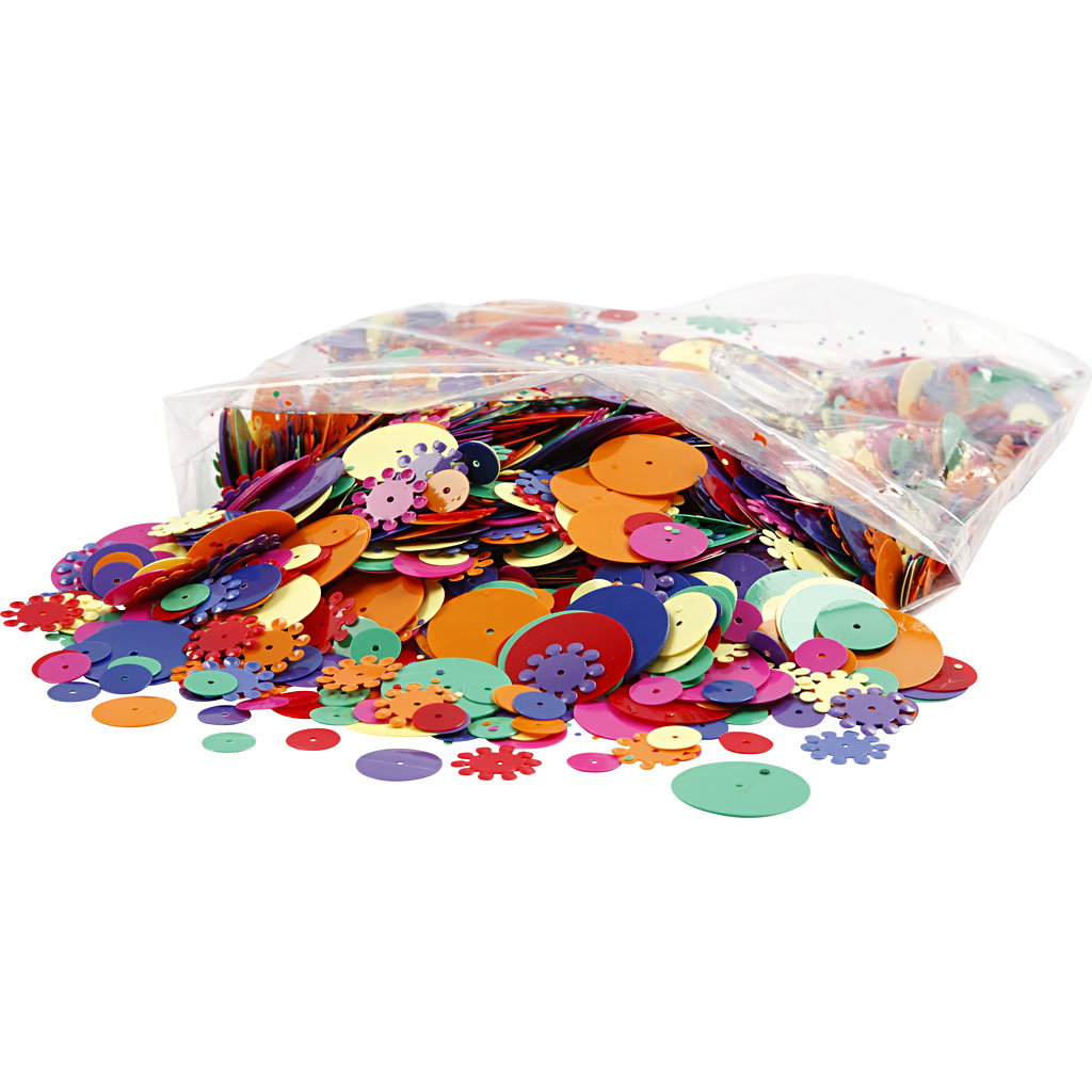 Pailletter, ass. farver, runde, str. 10-25 mm, 250 g/ 1 pk. - Billede 2