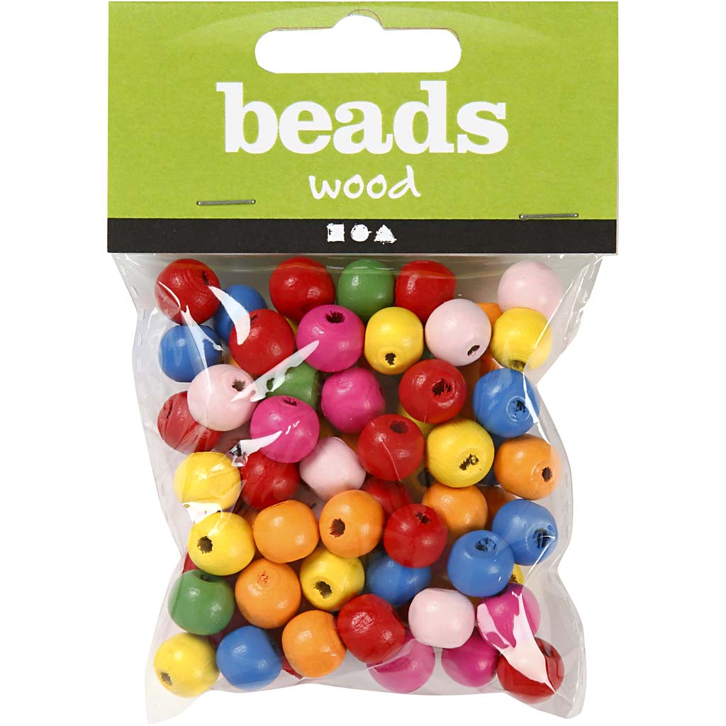 Træperlemix, ass. farver, diam. 10 mm, hulstr. 2,5-3 mm, 22 g/ 1 pk. - Billede 2