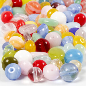 Glasperler, ass. farver, rund, oval, rundflad, diam. 6-13 mm, hulstr. 0,5-1,5 mm, 60 g/ 1 pk.