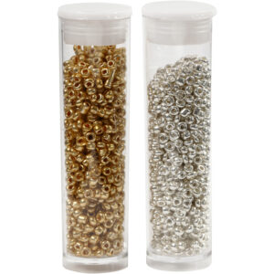 Rocaiperler, guld, sølv, diam. 1,7 mm, str. 15/0 , hulstr. 0,5-0,8 mm, 2x7 g/ 1 pk.
