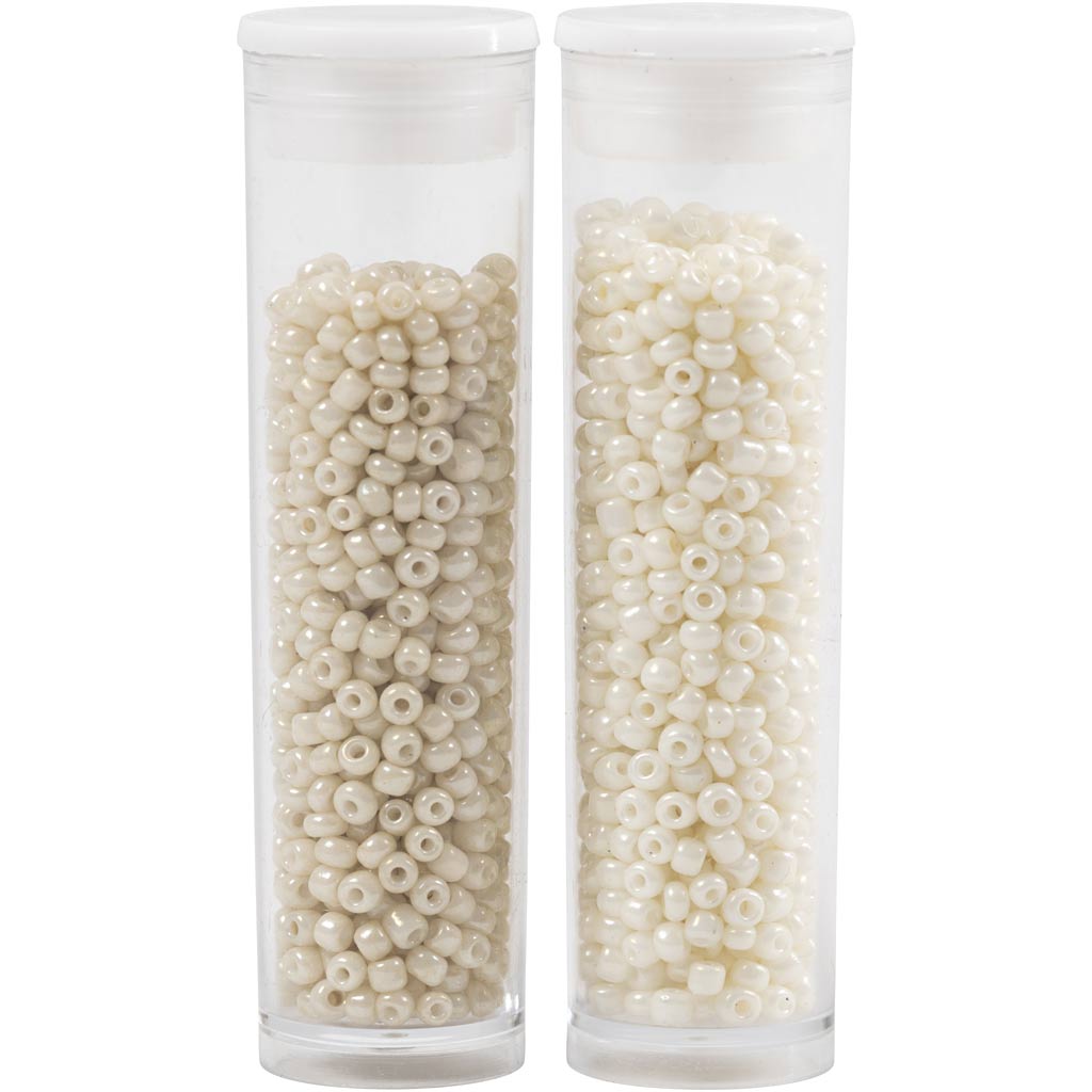 Rocaiperler, diam. 1,7 mm, str. 15/0 , hulstr. 0,5-0,8 mm, beige, perlemor, 2x7 g/ 1 pk.