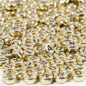 Bogstavperler, guld, diam. 7 mm, hulstr. 1,2 mm, 21 g/ 1 pk.
