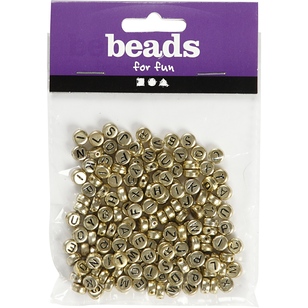 Bogstavperler, guld, diam. 7 mm, hulstr. 1,2 mm, 21 g/ 1 pk. - Billede 2