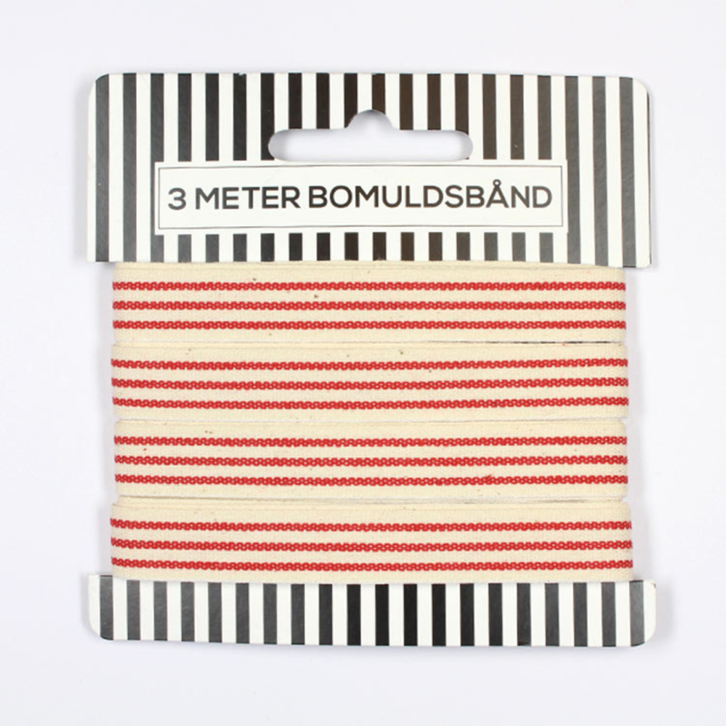 Bomuldsbånd, rød, striber, 3m