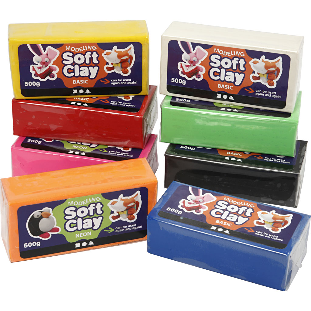 Soft Clay Modellervoks, ass. farver, str. 13x6x4 cm, 8x500 g/ 1 pk.